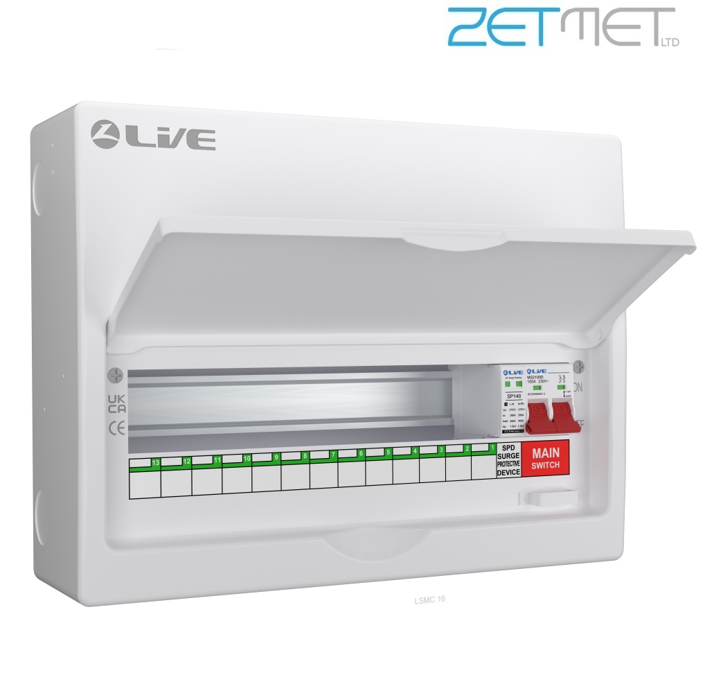 Live Electrical LSMC16M-SP 16 Way 100A Main Switch Metal Consumer Unit + T2 Surge Protection (13 Useable Ways)