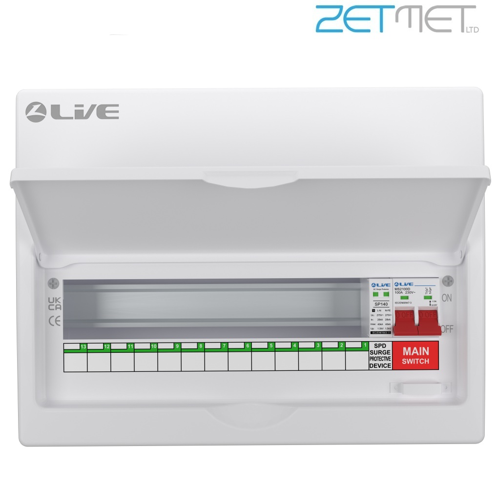 Live Electrical LSMC16M-SP 16 Way 100A Main Switch Metal Consumer Unit + T2 Surge Protection (13 Useable Ways) - Image 2