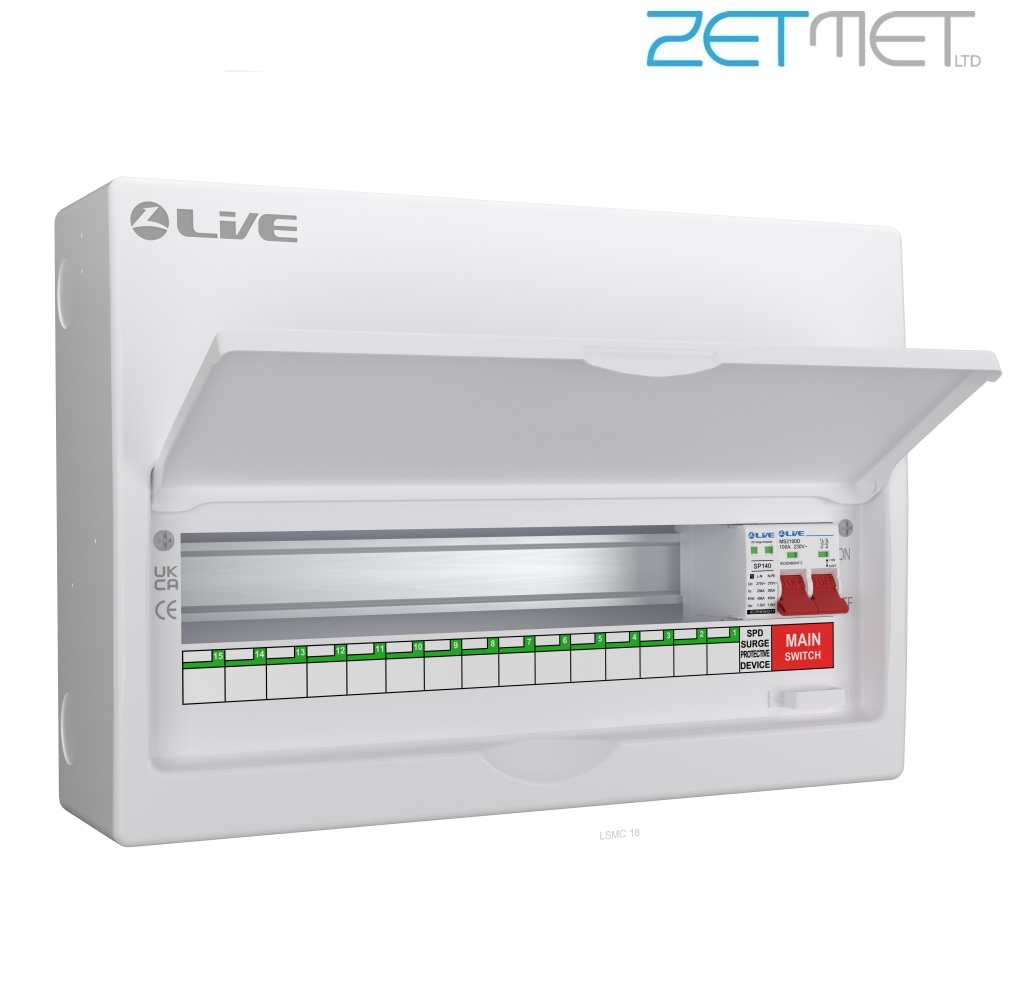 Live Electrical LSMC18M-SP 18 Way 100A Main Switch Metal Consumer Unit + T2 Surge Protection (15 Useable Ways)