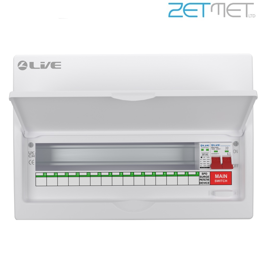 Live Electrical LSMC18M-SP 18 Way 100A Main Switch Metal Consumer Unit + T2 Surge Protection (15 Useable Ways) - Image 2
