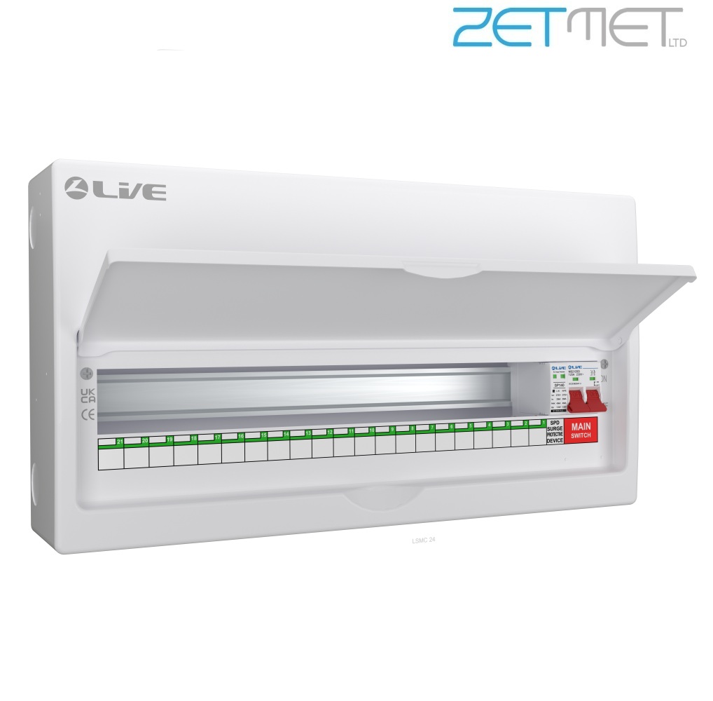 Live Electrical LSMC24M-SP 24 Way 100A Main Switch Metal Consumer Unit + T2 Surge Protection (21 Useable Ways)