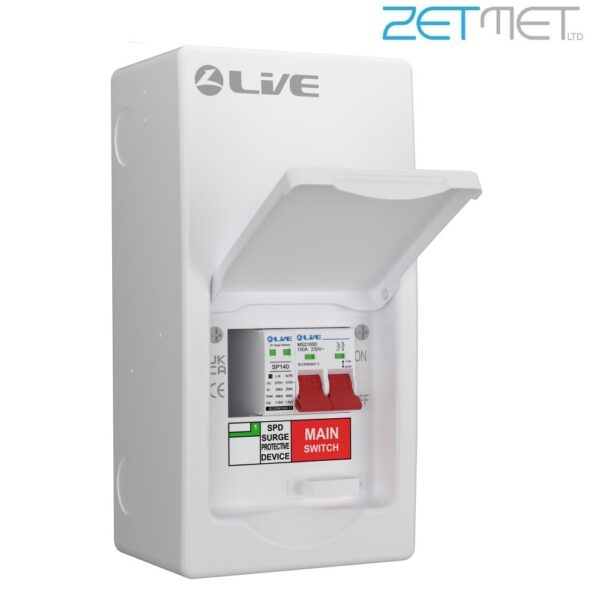 Live Electrical LSMC4M-SP 4 Way 100A Main Switch Metal Consumer Unit + T2 Surge Protection (1 Useable Way)