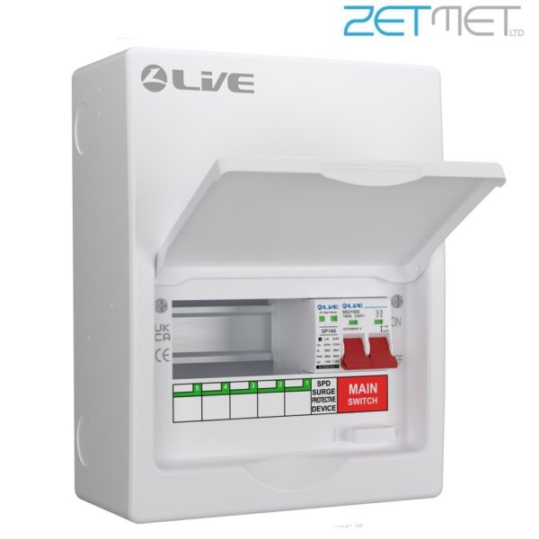 Live Electrical LSMC8M-SP 8 Way 100A Main Switch Metal Consumer Unit + T2 Surge Protection (5 Useable Ways)