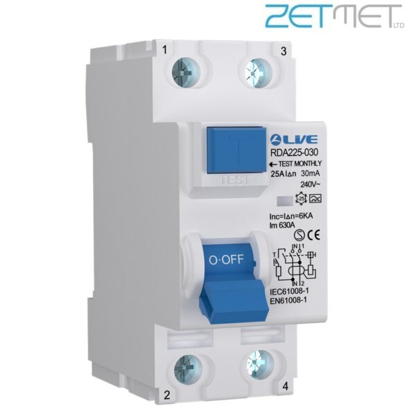 Live Electrical RDA225-030 25 Amp Double Pole 30mA 6kA 230V Type A RCD