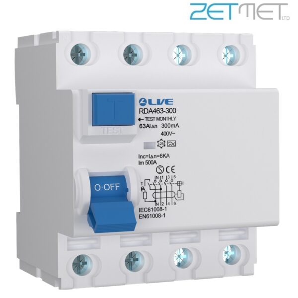 Live Electrical RDA463-300 63 Amp Four Pole 300mA 6kA 415V Type A RCD