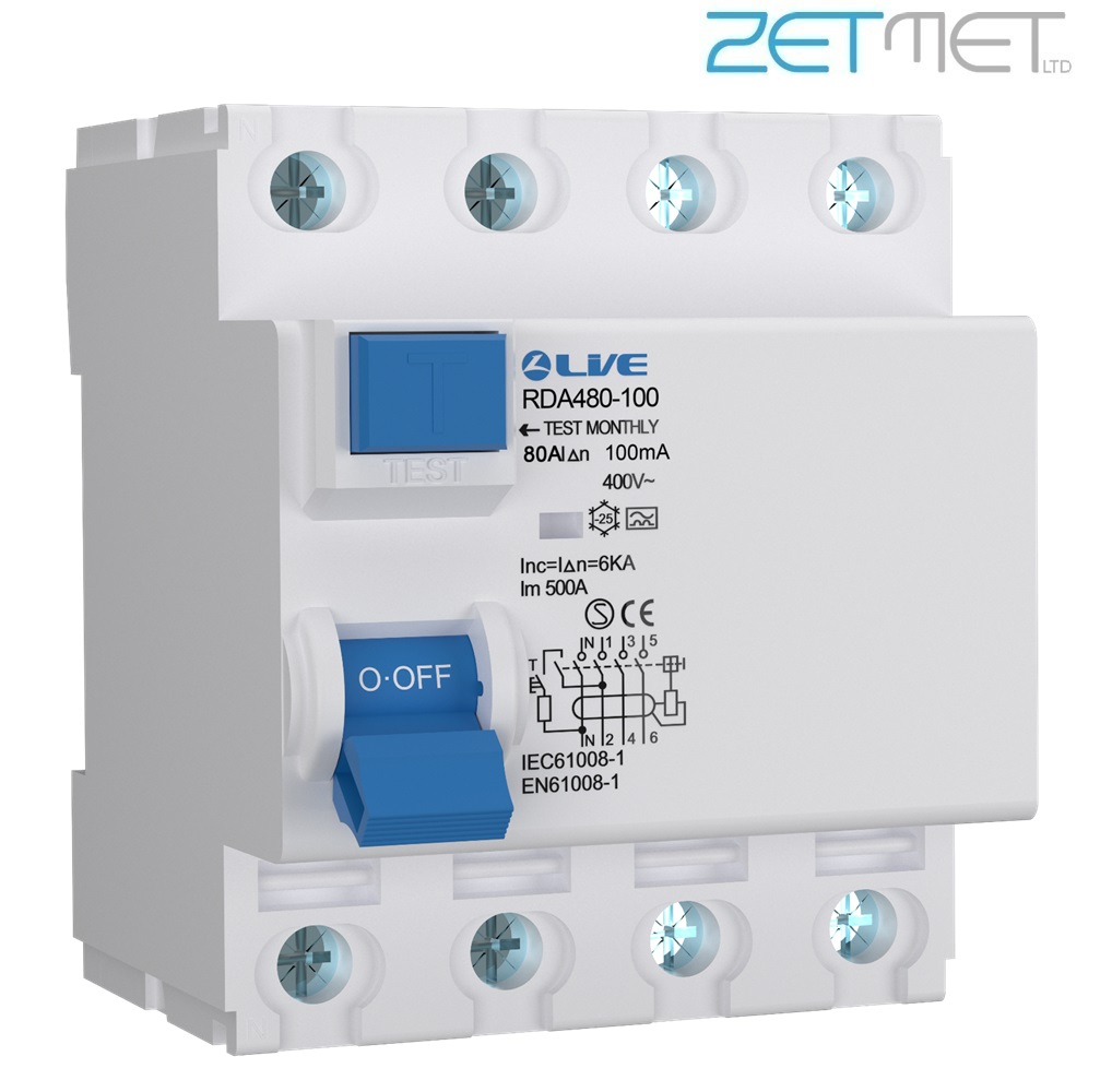 Live Electrical RDA480-100 80 Amp Four Pole 100mA 6kA 415V Type A RCD