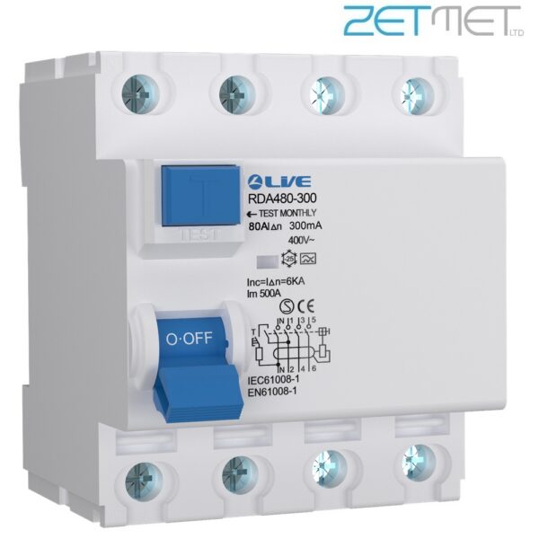 Live Electrical RDA480-300 80 Amp Four Pole 300mA 6kA 415V Type A RCD