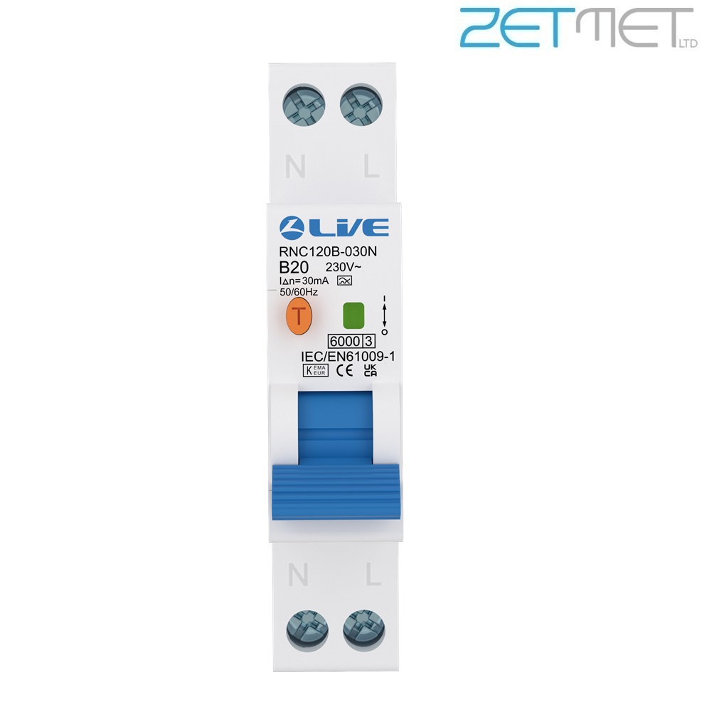 Live Electrical SRN RNC120B-030N 20 Amp Bi-Directional Double Pole B Curve Type A Compact Plug on Neutral RCBO - Image 2