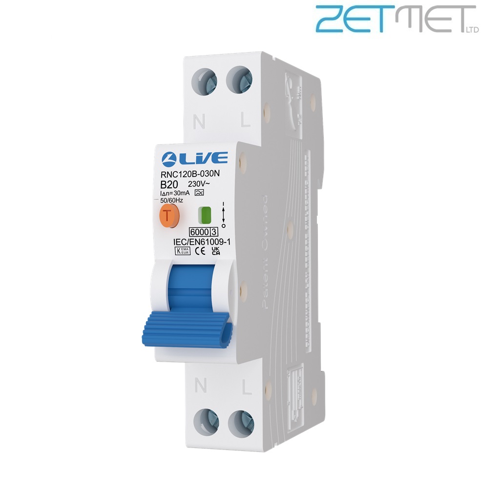 Live Electrical SRN RNC120B-030N 20 Amp Bi-Directional Double Pole B Curve Type A Compact Plug on Neutral RCBO
