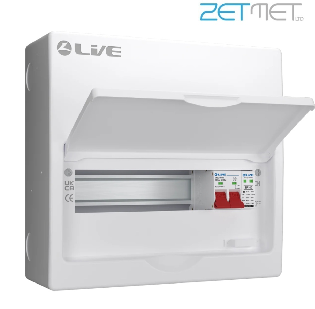 Live Electrical SRN LSMC12S-SP 12 Way 100A Main Switch Dual Busbar Consumer Unit + T2 Surge Protection (9 Useable Ways)